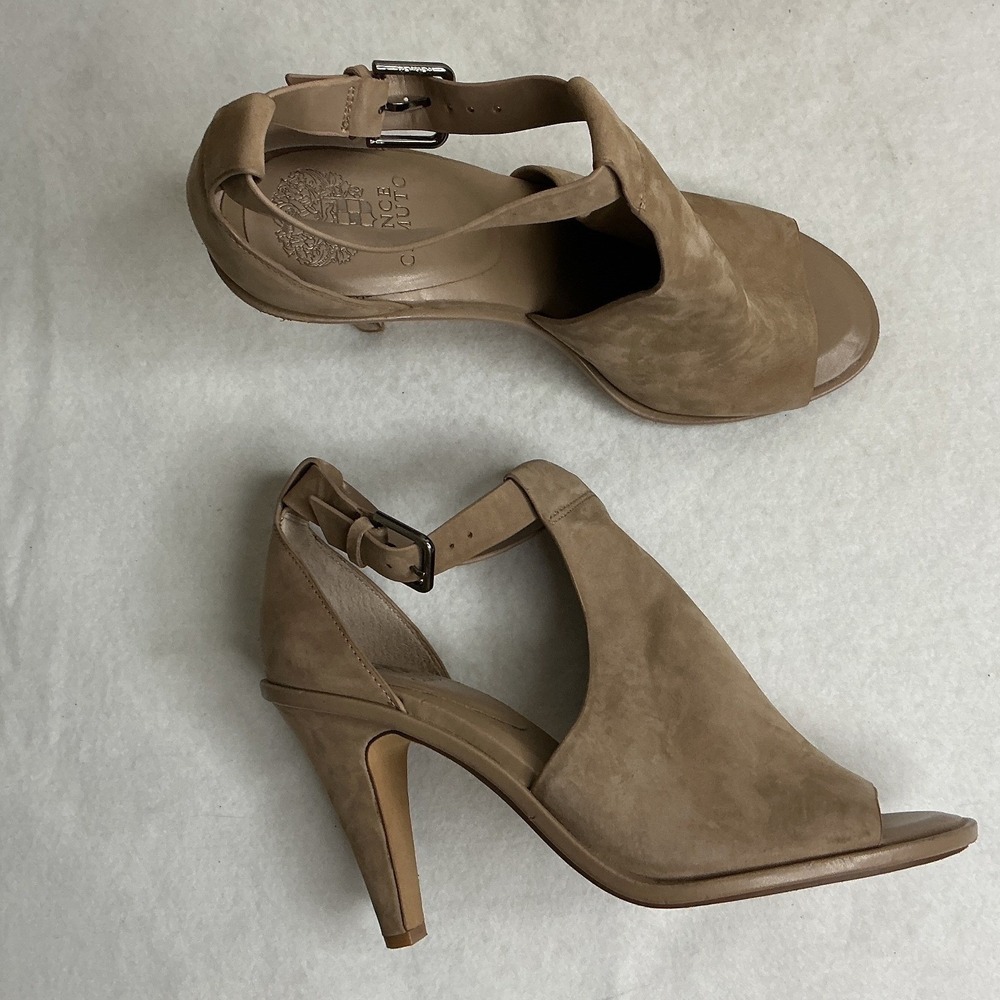 Vince Camuto Women Tan Suede Peep Toe Ankle Strap Heels Size 10M